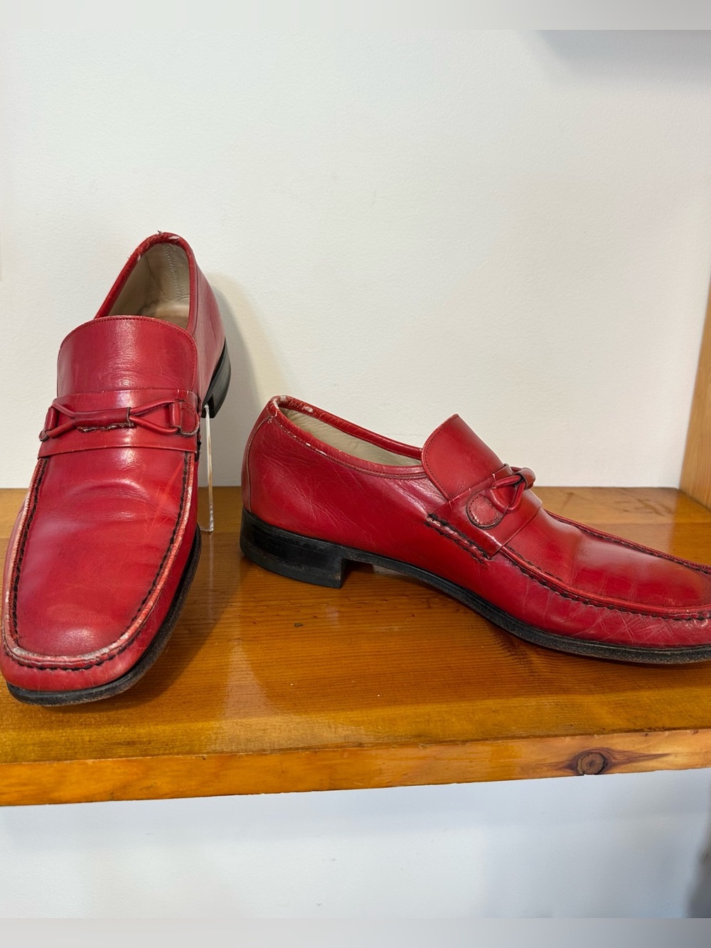 Vintage 70s Florsheim Red Leather Loafers Men 9.5 C Shoes 1970s Mod
